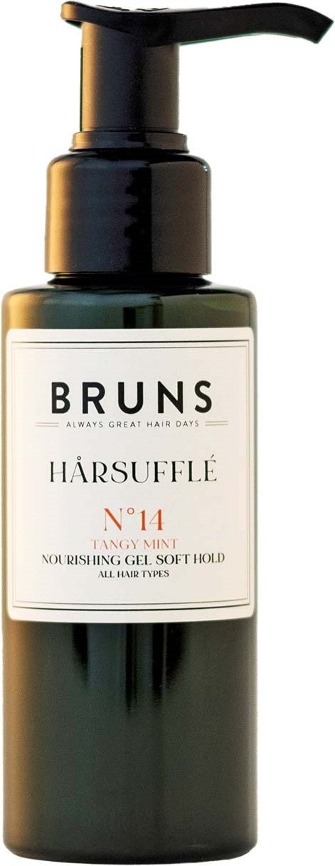 En svart flaska med pump, märkt 'BRUNS' och 'HÂRSUFFLÉ N°14 YUMMY MINT,' för hårvård.