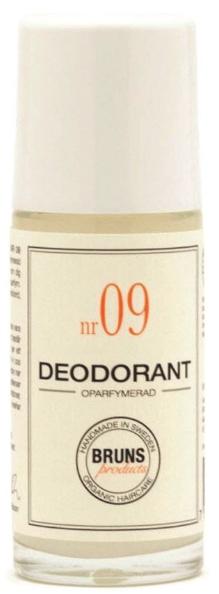 A small beige container labeled 'deodorant,' with a white cap and a simple design, features the number 09.