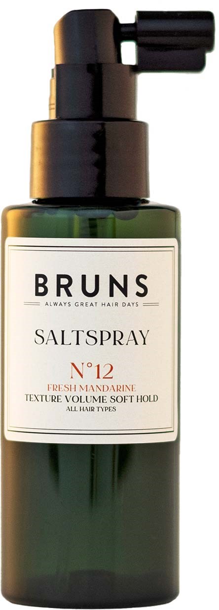 A green spray bottle with a black nozzle, labeled "BRUNS SALTSPRAY N°12" for hair styling.