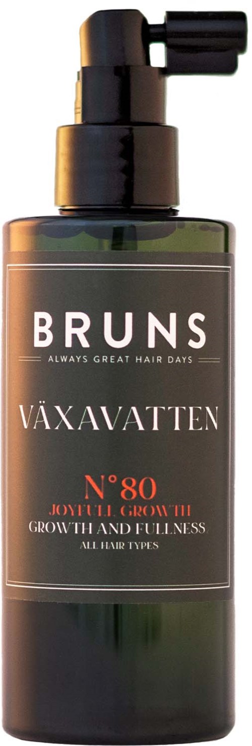Black bottle with pump, labeled "BRUNS Växavatten N°80" for hair growth and fullness. Logo at top, red number, product info.