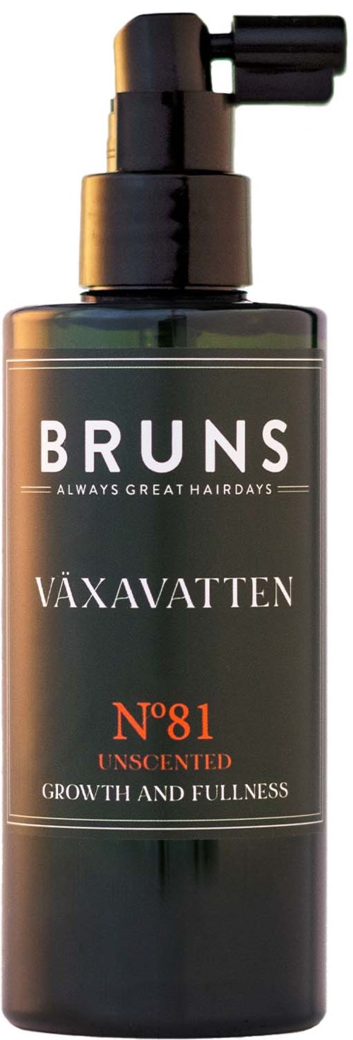 A black bottle with a spray nozzle about hair growth, labeled "Bruns Växavatten" and "No. 81 Unscented."