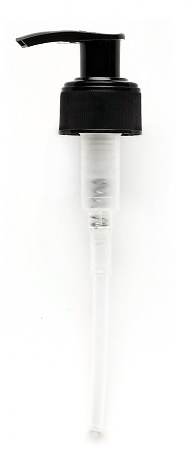 A black pump dispenser with a white tube, likely for liquid soap or lotion.