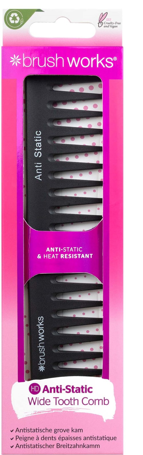 Kaksi muuta mustaa leveää hammasharjaa, joissa on pinkki kärki, pakkauksena pinkki, merkintä antistaattinen ja lämpöä kestävä.