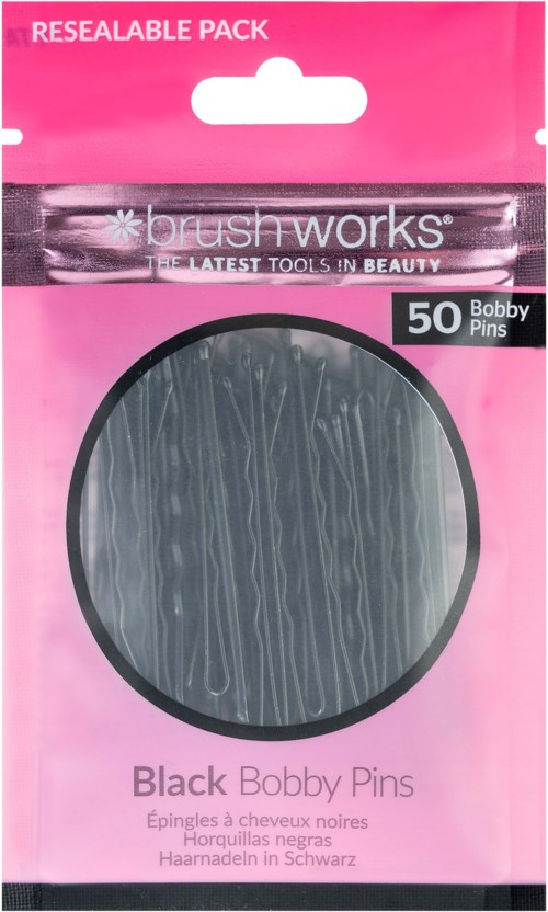A pink package holds 50 black bobby pins, transparent window shows the pins inside.