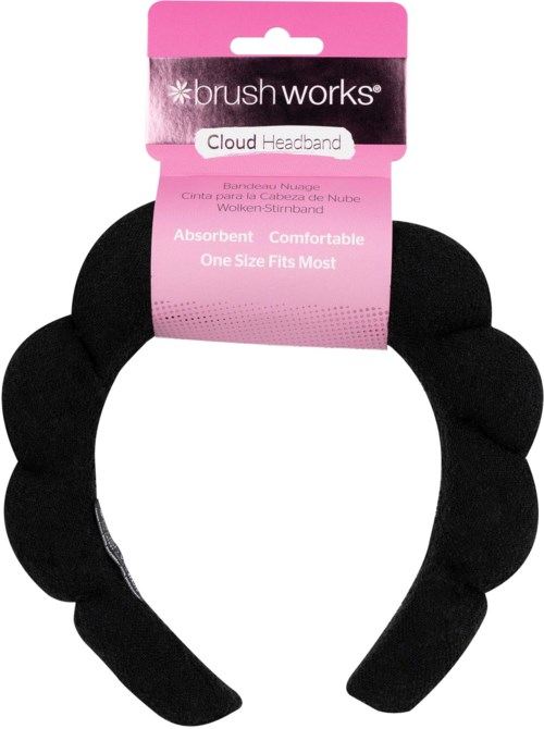 Een zwart, wolkvormig hoofdband met zachte stof, gelabeld "brushworks Cloud Headband," ontworpen voor comfort en absorberend.