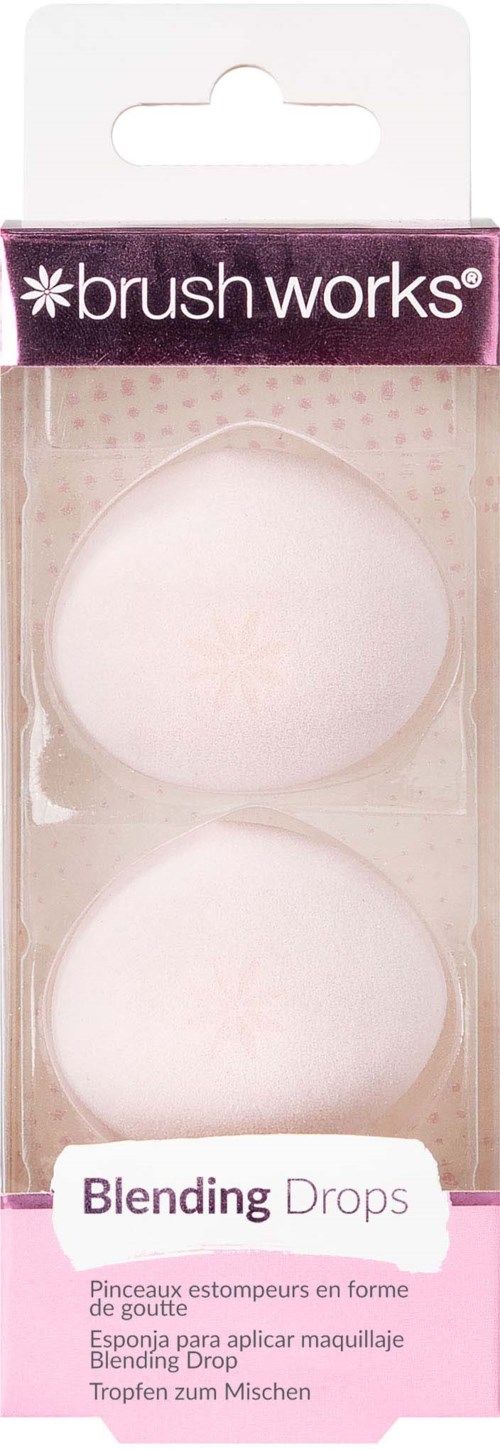Een verpakking met twee blending drops van Brush Works voor make-up aanbrengen. Eenvoudige witte druppels in doorzichtige behuizing.