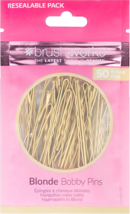 A pink package contains 50 blonde bobby pins with a clear window showing the pins inside.
