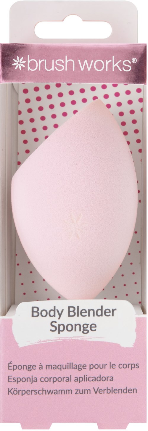 Pink kroppsvågsvamp i förpackning med rosa prickar och produktnamn. Innehåller en mjuk, tårformad svamp.