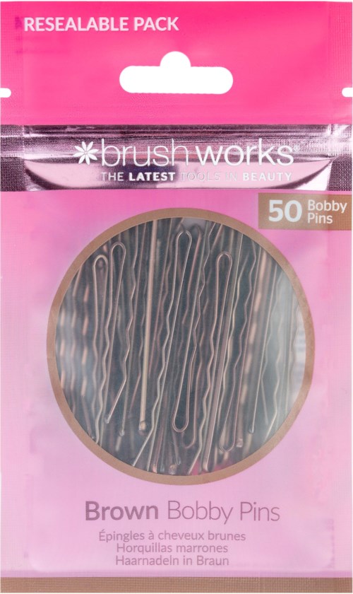 Pink package with transparent window showing brown bobby pins inside.