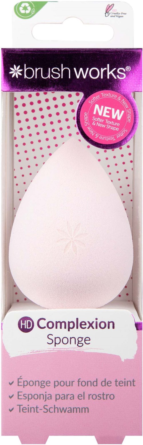 Roze en witte make-up spons in verpakking, gelabeld als 'Complexion Sponge' voor gezicht, nieuw product.
