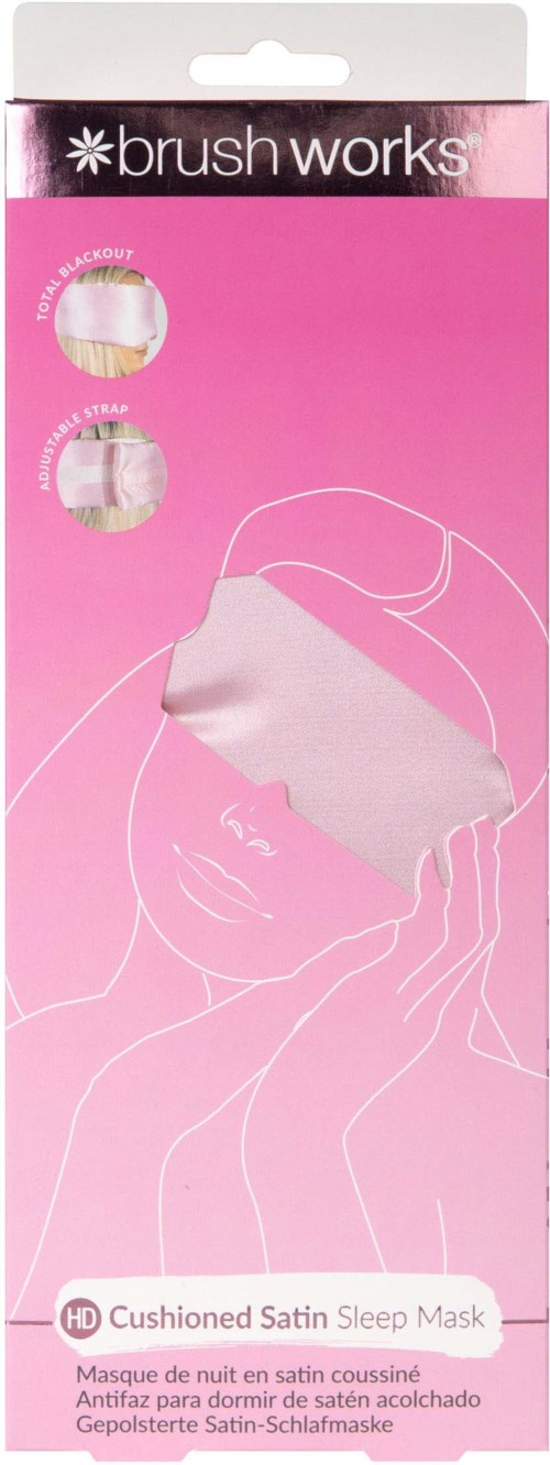 Pink packaging with a sleep mask and illustrations of a face and hand. Text describes a cushioned satin sleep mask.