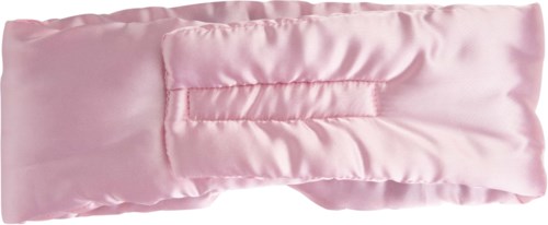 A soft, pink satin pillow with a flap and stitched details, designed for comfort or decoration.