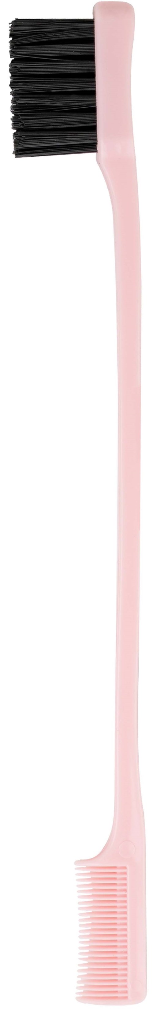 A long, pink toothbrush with black bristles, one end with fine bristles, the other with a flat top.
