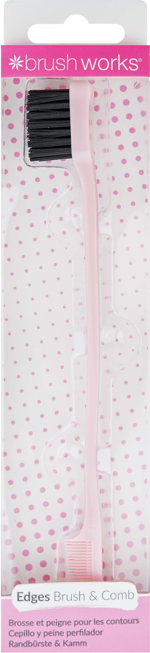 A long pink zipper brush with black bristles and a small pink comb on clear packaging.