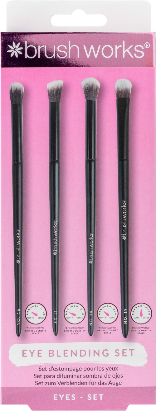 A set of four eye blending brushes in pink packaging with varying brush sizes and a clock icon.