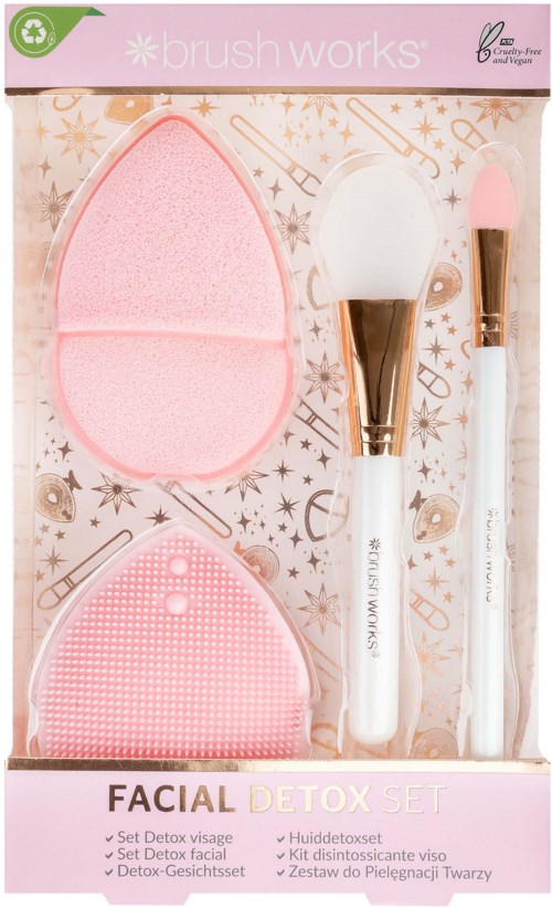 A facial detox set includes two pink sponge applicators, a white brush with gold handle, and a smaller detail brush.