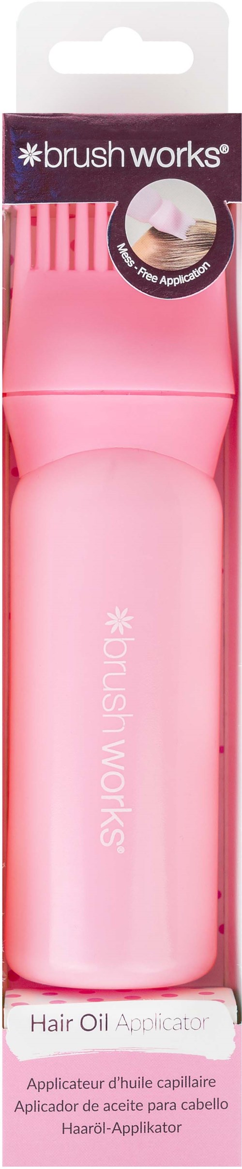 Pink bottle labeled 'brush works' for hair oil application. Comes with a brush inside.