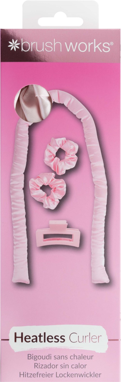 A pink package contains a heatless curling set with two curlers, two hair scrunchies, and a clip, all for hairstyling.