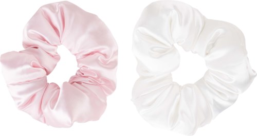 Two satin hair scrunchies, one pink and one white, on a white background.