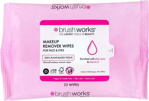Pink package of 25 makeup remover wipes for face and eyes, enriched with aloe vera and vitamin E.