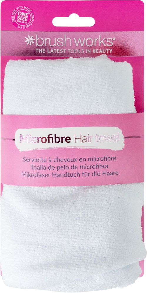 En pakke med hvite mikrofiber hårhåndklær i rosa innpakning, merket 'brush works', for hårtørking.