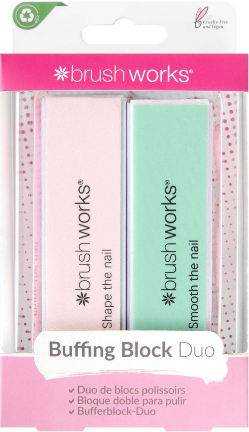 A nail care set with two buffers, one for shaping and one for smoothing nails, in pink and light green packaging.