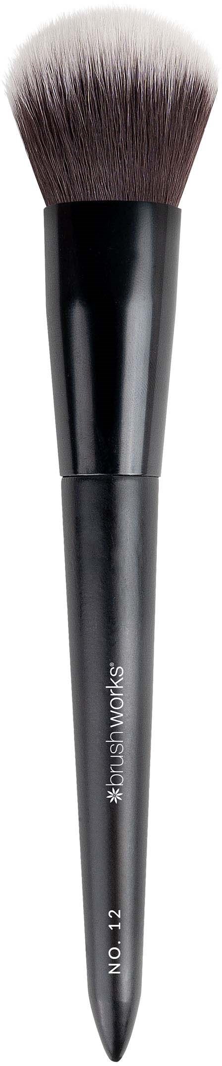 A makeup brush with black handle and fluffy bristles that are light gray at the tips.