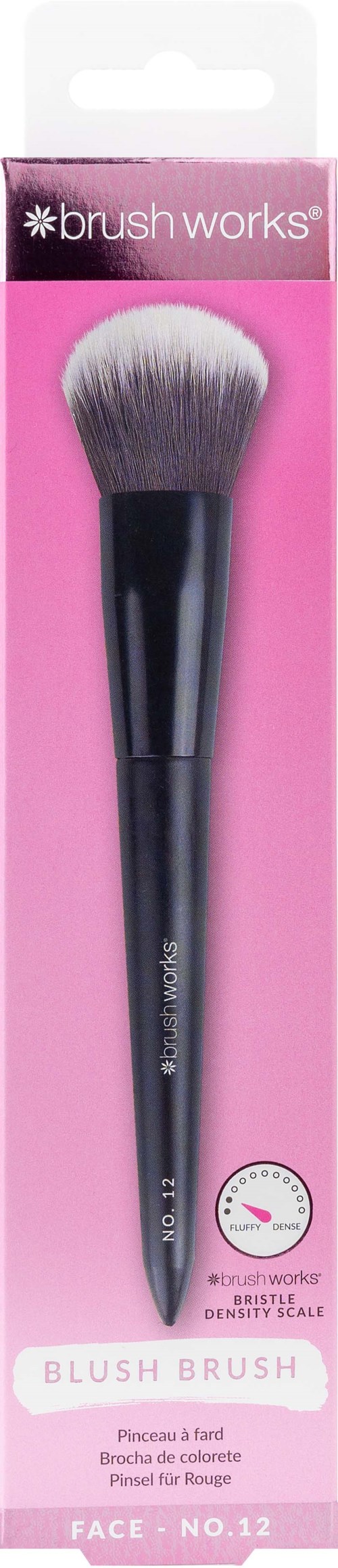 A makeup brush with fluffy white and gray bristles in pink packaging. It is called a blush brush.