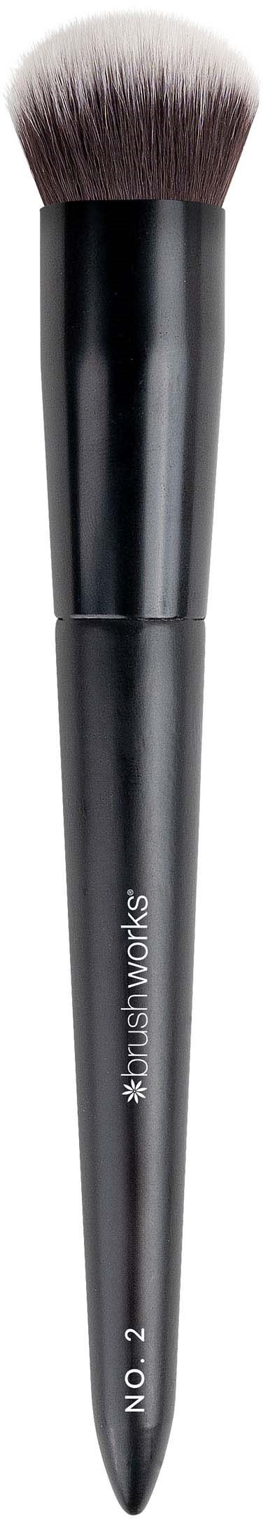 A makeup brush with a black handle and rounded fluffy bristles, used for applying powder or blush.