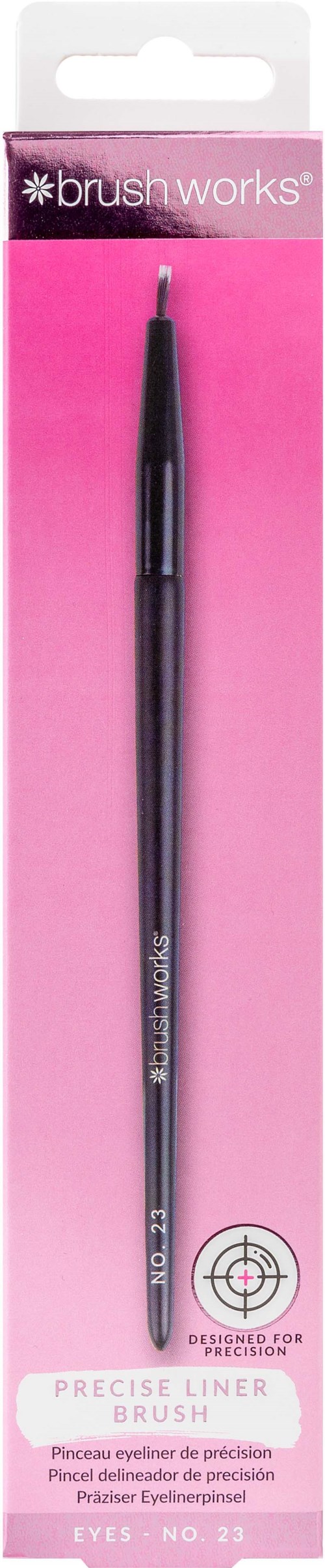 Een zwarte wenkbrauwpotlood in roze verpakking van Brush Works, gelabeld als precieze eyelinerbrush.