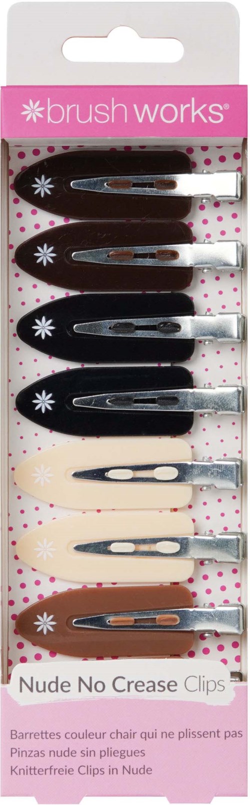 Zestaw ośmiu klipsów do włosów w różnych kolorach w różowo-białym opakowaniu. Klipsy mają napis "Nude No Crease Clips."