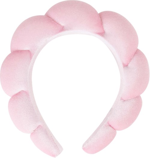 A pink, fluffy headband with big, soft puff balls around the edge.