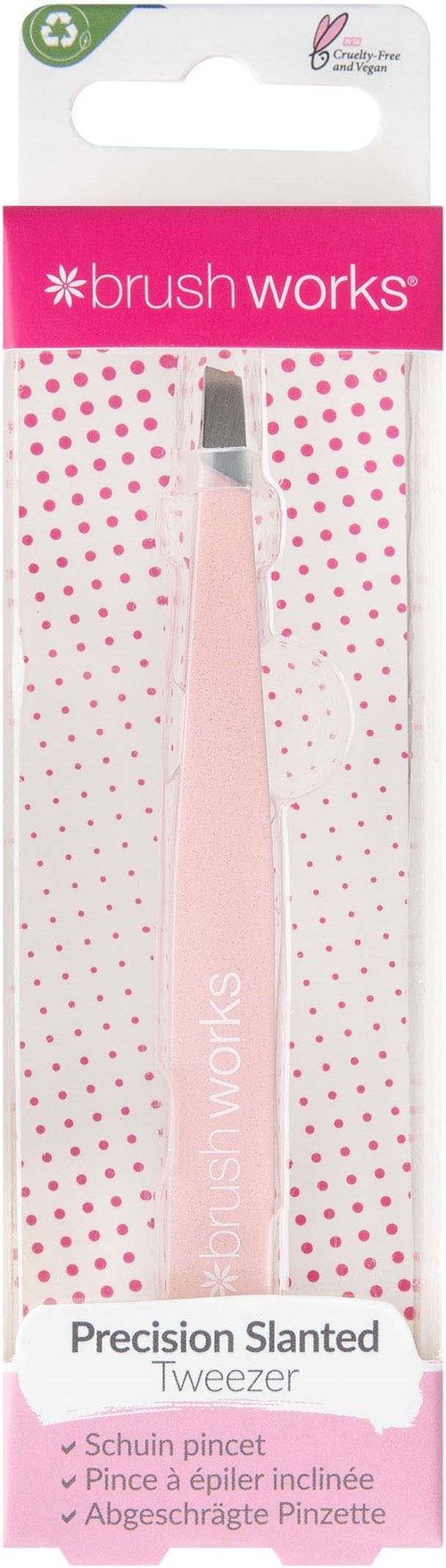 A pink-handled tweezers in packaging, labeled 'Brush Works' and 'Precision Slanted Tweezers.'