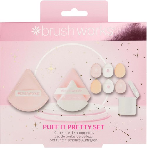 A pink set includes beauty sponges, eggs, a white brush, and a small container, all for makeup application.