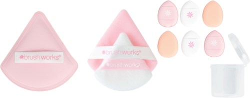 A pink cleaning sponge set with eggs, small container, and a cleaning tool, all labeled 'brush works.'