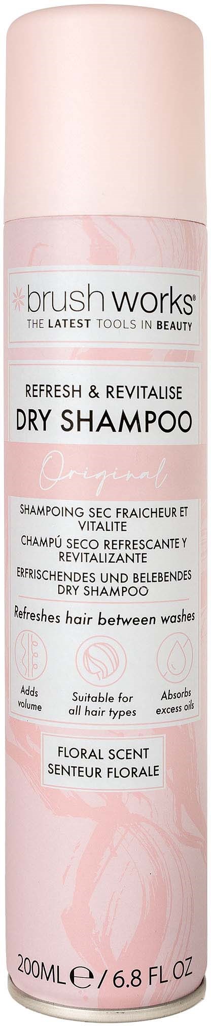 A tall, pink and white bottle of dry shampoo for refreshing hair between washes.