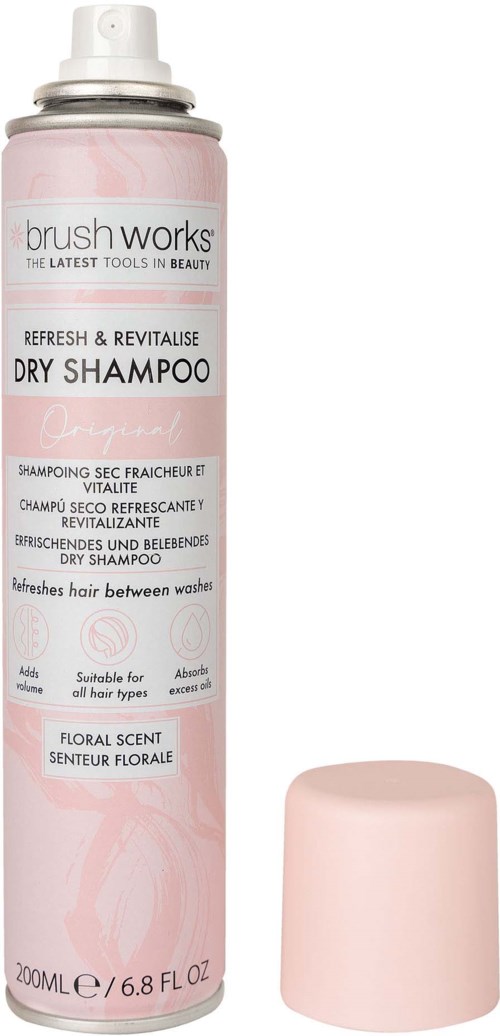 A pink and white can of dry shampoo with a pink cap, labeled 'Brush Works' for hair refresh and revitalization.
