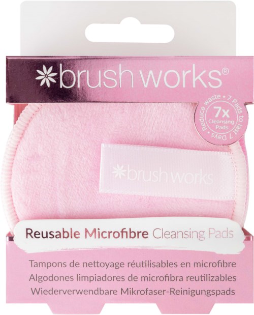 Pink reusable microfiber cleansing pads in packaging, brand name 'brush works.'.