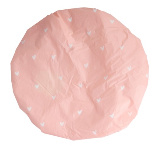 Vaale pinkki rypistynyt paperi, jossa on pieniä valkoisia sydämiä.