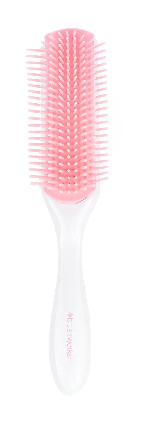A round hairbrush with pink bristles and a white handle.
