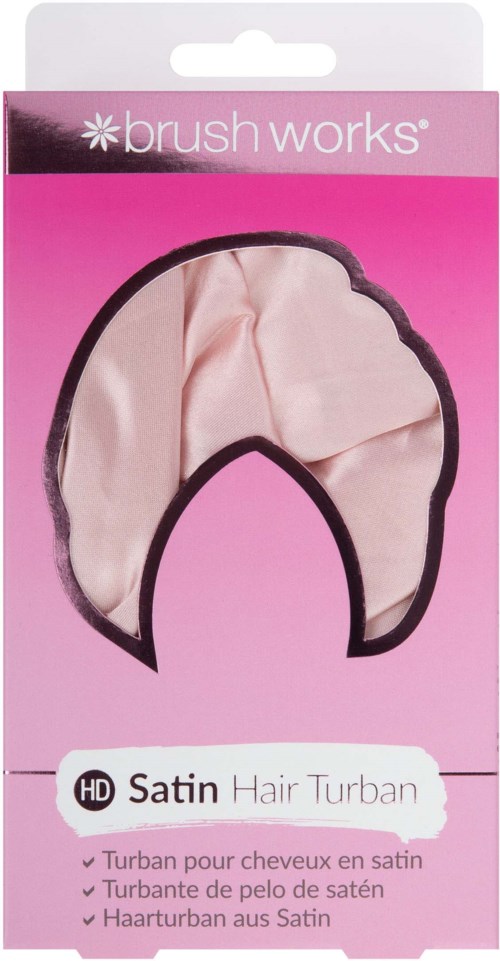 A pink package of hair turban with satin material, designed to dry hair gently, labeled 'brush works' and 'HD Satin Hair Turban.'