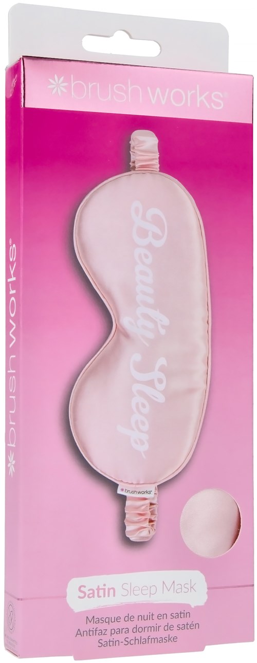 Pink packaging for a satin sleep mask with the words "Beauty Sleep" on it, in a rectangular box. Engraved with satin label.