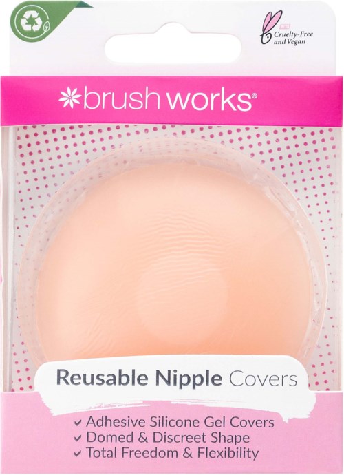Pink und weiß verpackt, wiederverwendbare Brustwarzenabdeckungen von Brush Works, cruelty-free und vegan, mit Klebe-Silikongelabdeckung.
