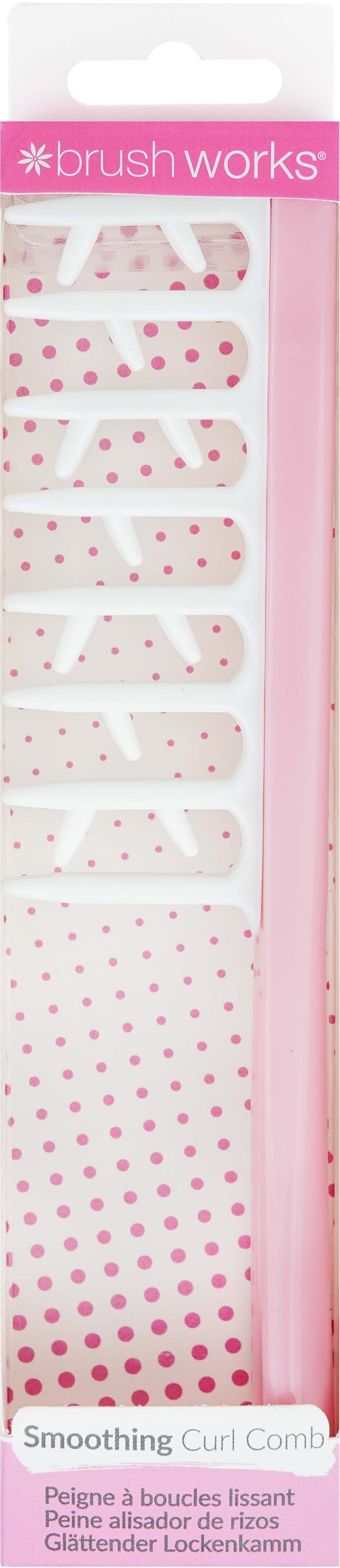 A pink package with white combs labeled 'Brush Works' for smoothing and curling hair.