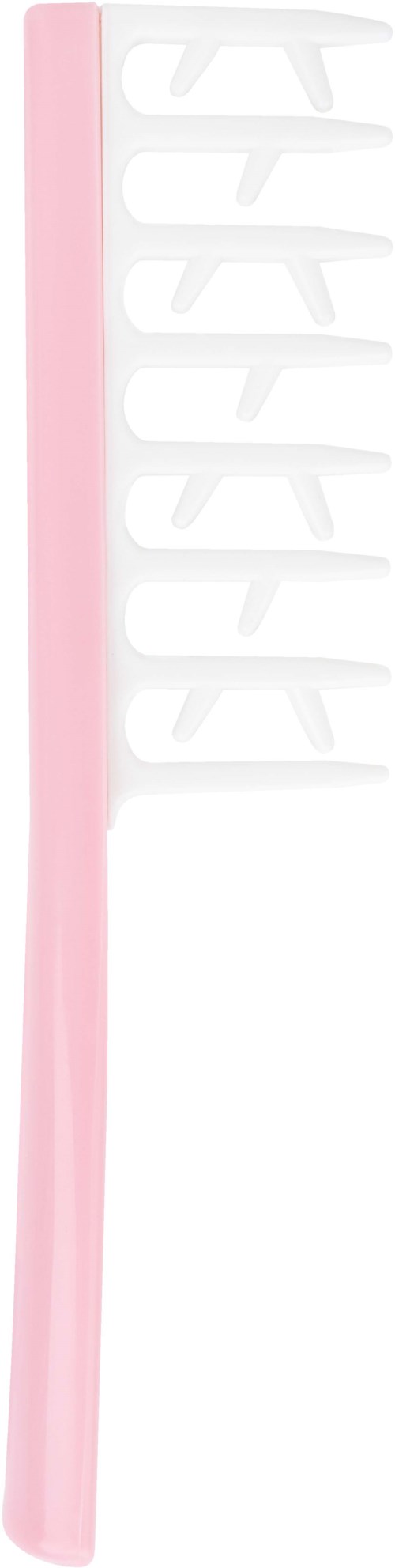A pink toothbrush with white bristles and multiple small, curved cleaning sides. The handle is smooth and slightly curved.