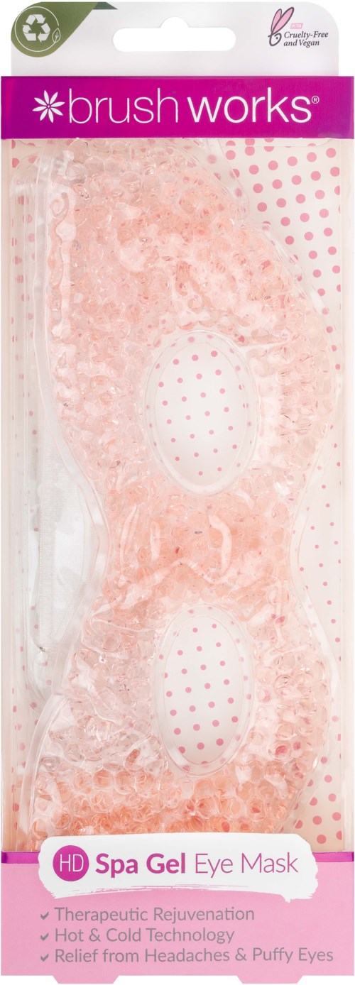 Packaging shows a pink and white eye mask with gel inside, labeled 'Spa Gel Eye Mask' for relaxing and healing.