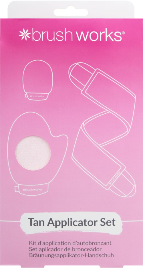 A pink package labeled "Tan Applicator Set" shows white line drawings of applicator tools inside.