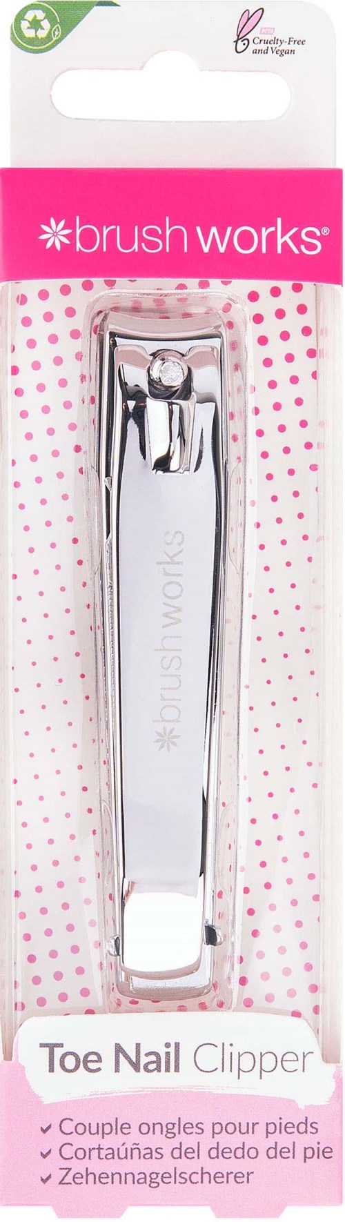 En metallisk tåaklippare i förpackning med rosa design och varumärke, märkt 'brush works'.