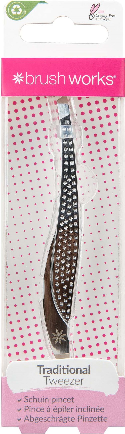 A black and white tweezers with a dotted pattern, in packaging labeled 'brush works' and 'Traditional Tweezer'.