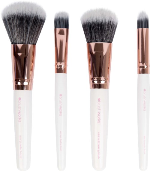 Four makeup brushes with black and white bristles, rose gold and white handles, and pink text.